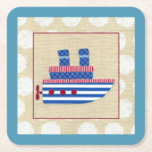 Steamship met Propeller en Blauwe Mokestacks Vierkante Kartonnen Onderzetter (Voorkant)