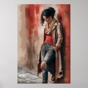 Stedelijke Eenzaamheid: Figuur tegen de Rode Muur Poster
