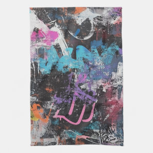 Stedelijke Graffiti Collage met Krachtige Kleuren Theedoek