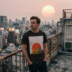 Stedelijke Silhouet met Rode Zon Grunge Stadsgezic T-shirt