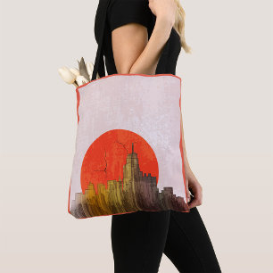 Stedelijke skyline met Red Sun Grunge Cityscape Draagtas