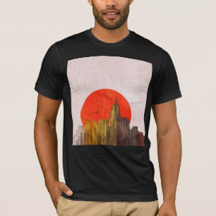 Stedelijke skyline met Red Sun Grunge Cityscape T-shirt
