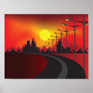 Stedelijke Zonsondergang Snelweg Silhouet Poster