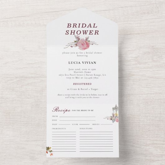 Steekproef Rustieke Bloemen Rozen & Lantaarn Winte All In One Uitnodiging (Binnen)