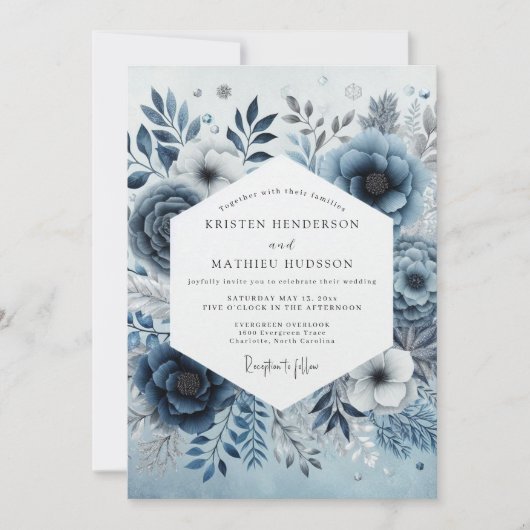 Steel Blue Misty Flora Wedding Kaart (Voorkant)