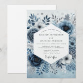 Steel Blue Misty Flora Wedding Kaart (Voorkant / Achterkant)