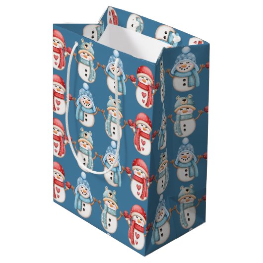 Steel Blue Snowmen Medium Gift Bag Medium Cadeauzakje (Achterkant Gekanteld)