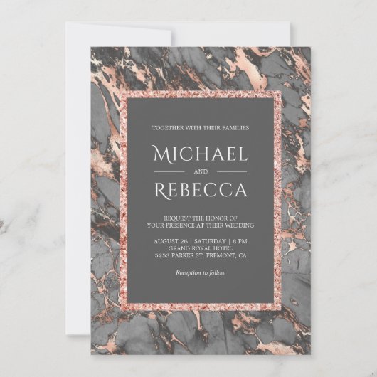 Steel Grey Marble Roos Gold All in One Wedding Kaart (Voorkant)