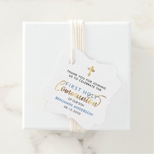 Steelblue en goud eerste heilige communie dank u bedankjes labels (In situ)