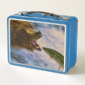 Steelhead zalm die in grizzly beren mond springt (Achterkant)