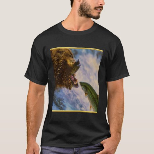 Steelhead zalm die in grizzly beren mond springt t-shirt (Voorkant)