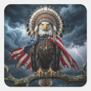Steenarend met Amerikaanse vlag cape en hoofdtooi Vierkante Sticker