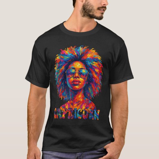 Steenbok Koningin Afro Art Afro-Amerikaanse Vrouwe T-shirt (Voorkant)