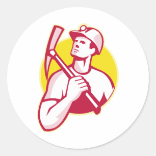 Steenkoolmijnwerker met pick-ax die retro opzoekt ronde sticker