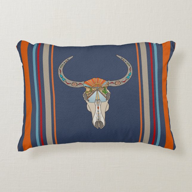 Steer Skull Southwest Desert Sunset Stripes Accent Kussen (Voorkant)