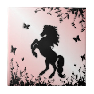 Steigerend zwart paard Roze Tegeltje