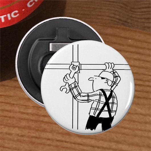 Steigersteiger met steiger. bouwvakker button flesopener