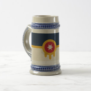 Stein Mok met de vlag van Tulsa, Oklahoma