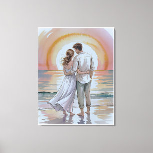 Stel op het strand bij zonsondergang canvas afdruk