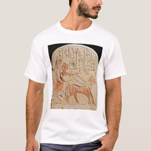 Stela die een schrijver afschildert die een chario t-shirt