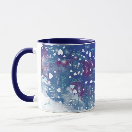 Stella aangepaste naam vol harten en sterren blauw mok (Links)