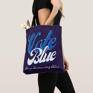 Stemmen tegen blauwe retro-stijl Word Art Draagtas