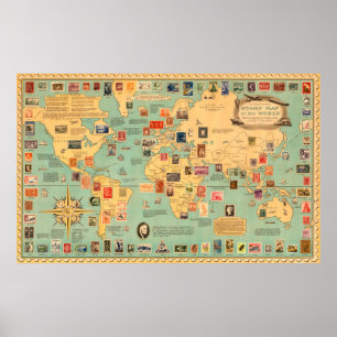 Stempelkaart van de wereld poster