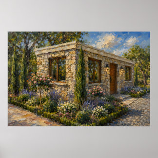Stenen Cottage Roos en Lavendel Tuin Olie Schilder Poster