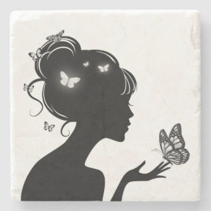 Stenen onderzetter vrouw witte vlinders