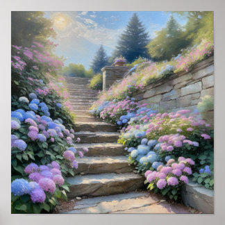 Stenen tuintrap met Hydrangea's Romantisch  Poster