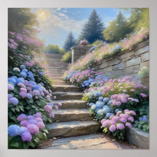 Stenen tuintrap met Hydrangea's Romantisch  Poster (Voorkant)