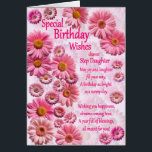 Step Daughter Special Anniversaire Wives Pink Dais<br><div class="desc">Une belle carte d'anniversaire pour une fille pas. Une magnifique carte d'anniversaire remplie de marguerites roses. Un joli verset chaleureux complète la belle sensation que cette carte apporte. envoyer des voeux d'anniversaire sincères à quelqu'un spécial.</div>