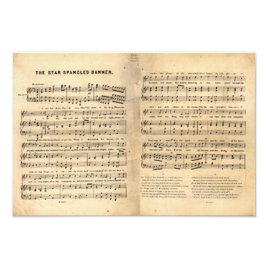  Ster Spangled Banner Song Sheet Lyrics Foto Afdruk (Voorkant)