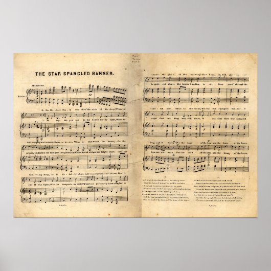  Ster Spangled Banner Song Sheet Lyrics Poster (Voorkant)