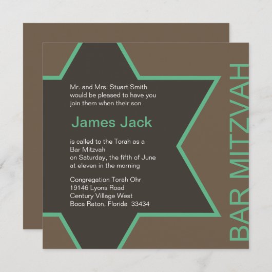 Ster van David Bar Mitzvah - Groen & Bruin Kaart (Voorkant / Achterkant)