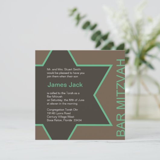 Ster van David Bar Mitzvah - Groen & Bruin Kaart (Staand voorkant)