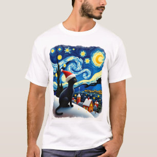 Sterre Nachten Festieve Kerstmis Zwarte Kat Santa  T-shirt