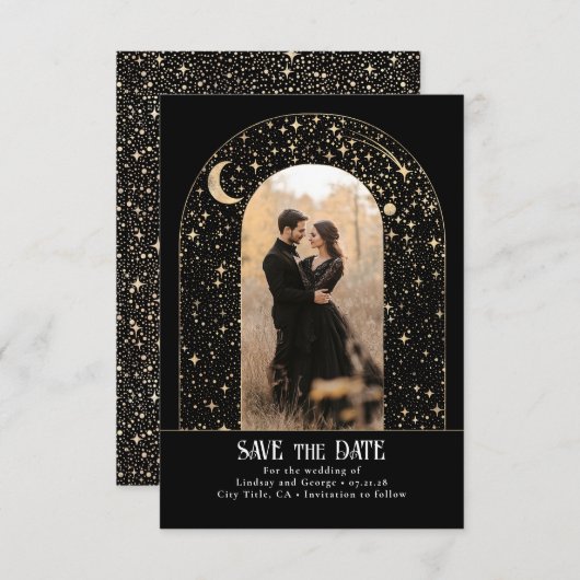 Sterren Celestial Arch Black Save the Date Foto (Voorkant / Achterkant)