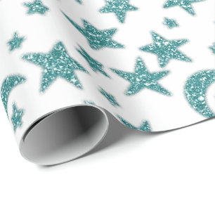 Sterren Maan Sparkly Blauwgroen Aqua Blauw Wit Cadeaupapier
