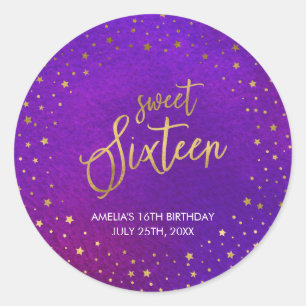 Sterren Paarse Waterverf Sweet 16 Verjaardagsfeest Ronde Sticker