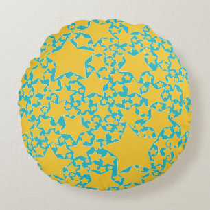 Sterren, sterren, sterren in het geel en turquoise rond kussen