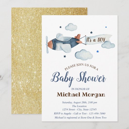 Sterren, wolken, Baby shower van het vliegtuiggoud Kaart (Voorkant / Achterkant)