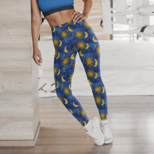 Sterren Zon Maan Hemels Patroon Blauw Goud Leggings