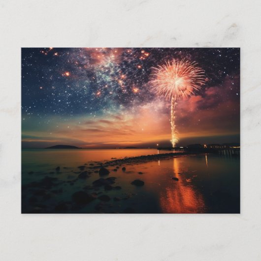 Sterrenhemel vuurwerk over strand briefkaart (Voorkant)