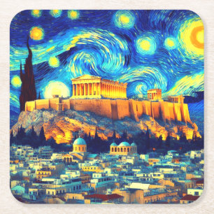 Sterrennacht Acropolis Athens Griekenland Vierkante Kartonnen Onderzetter