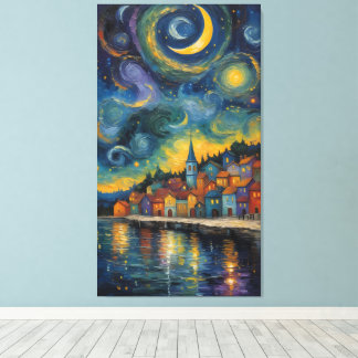 Sterrennacht boven het haven dorp canvas afdruk