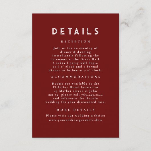 Sterrennacht Celestial Rood Goud Bruiloft Details Informatiekaartje (Voorkant)