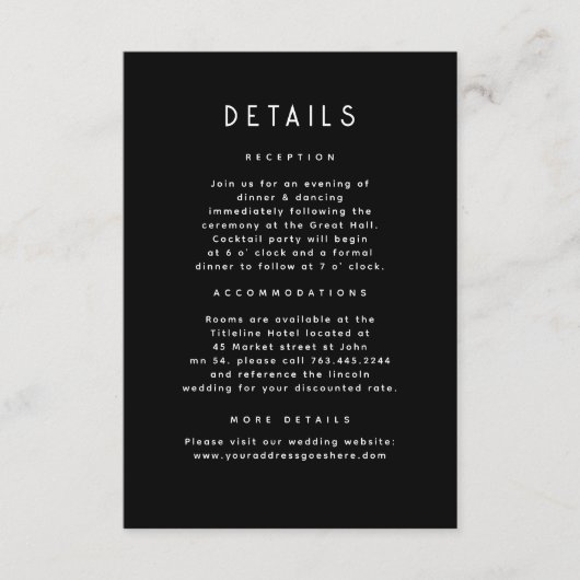 Sterrennacht Celestial Zwart Bruiloft Details Informatiekaartje (Voorkant)