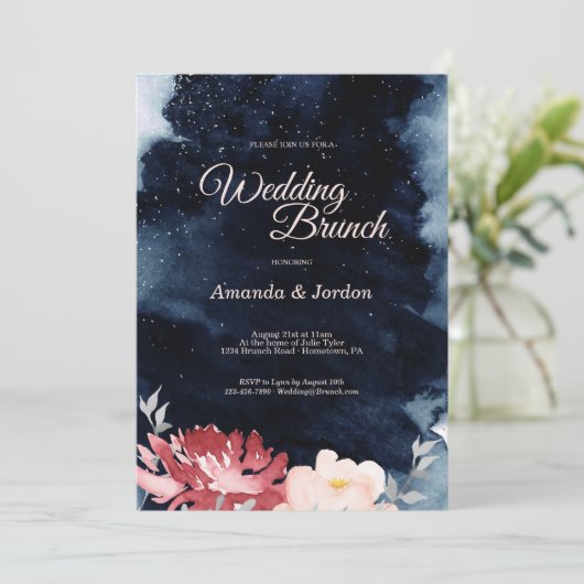 Sterrennacht Floral Wedding Brunch Invitation Kaart (Staand voorkant)
