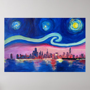 Sterrennacht in Chicago Illinois met Lake Michiga Poster